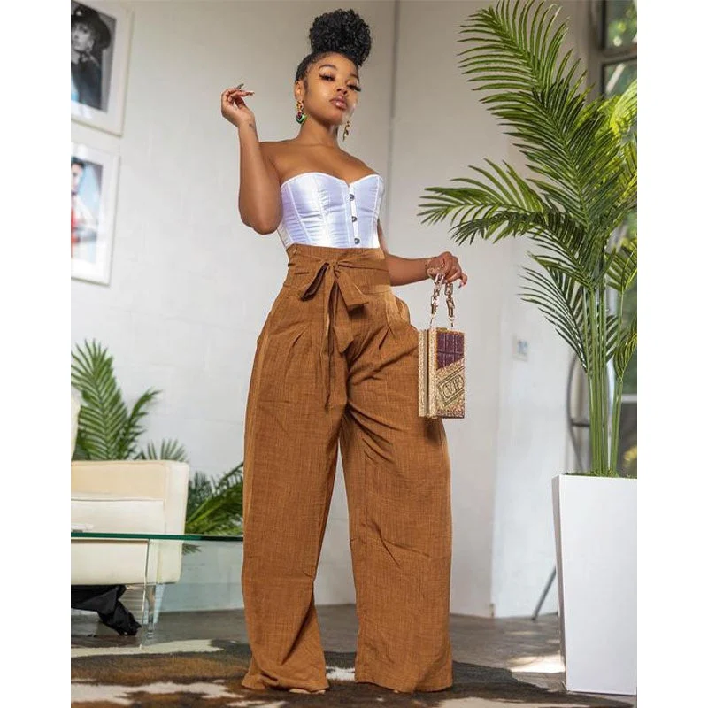 OUDINA New Arrivals Casual Pants For Women Long Trousers  High Waist Belt Drawstring Wide Leg Pants Trousers luxurious premium