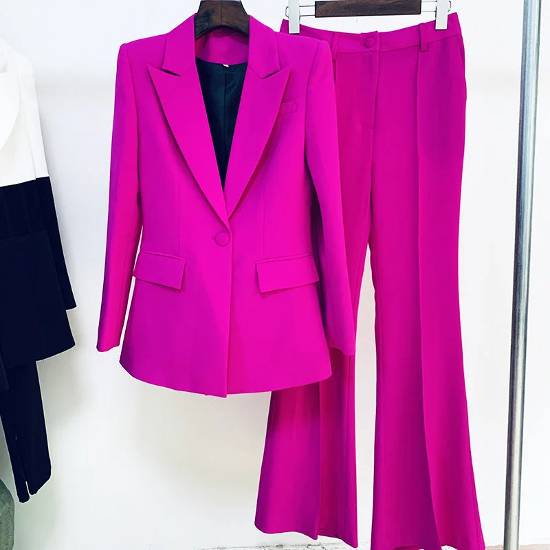 Wjczt Blazer Pantsuits Two Piece Set Office Ladies Women Yellow Purple Business Single Buttons Flared Pants Blazer + Pants Formal Suit Women's Business Blazer