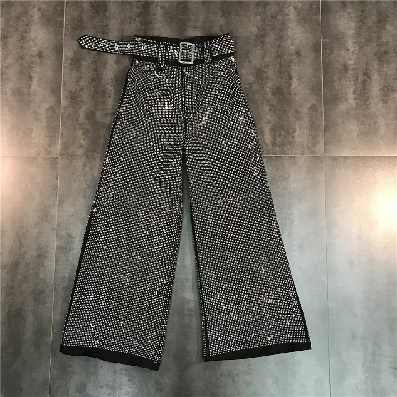 OUDINA Trendy New Full Long Trousers With Belt Casual Ladies Shiny Sequins Pant Women Wide Leg Pants Trousers Timeless Classic