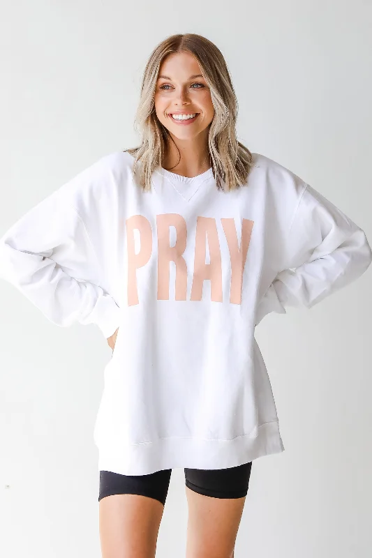 White Oversized Pray Sweatshirt Hoodie with Puffed Sleeves Voluminous Trendy