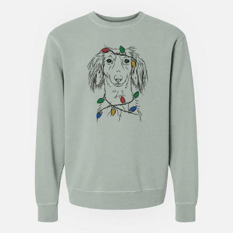 Christmas Lights Roux the Long Haired Dachshund - Unisex Pigment Dyed Crew Sweatshirt Hoodie with Front Slit Layering Stylish