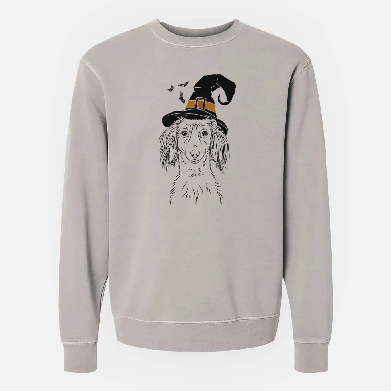 Witch Roux the Long Haired Dachshund - Unisex Pigment Dyed Crew Sweatshirt Hoodie with Hem Fringe Bohemian Relaxed