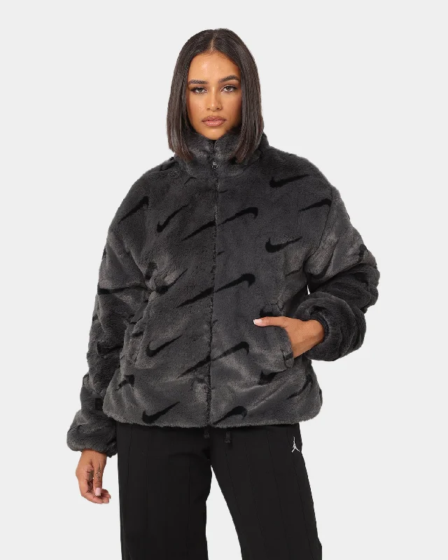 Nike Women's Nike Sportswear Faux Fur All Over Print Jacket Dark Smoke Grey/Black Wool Jacket Cashmere Jacket Tweed Jacket