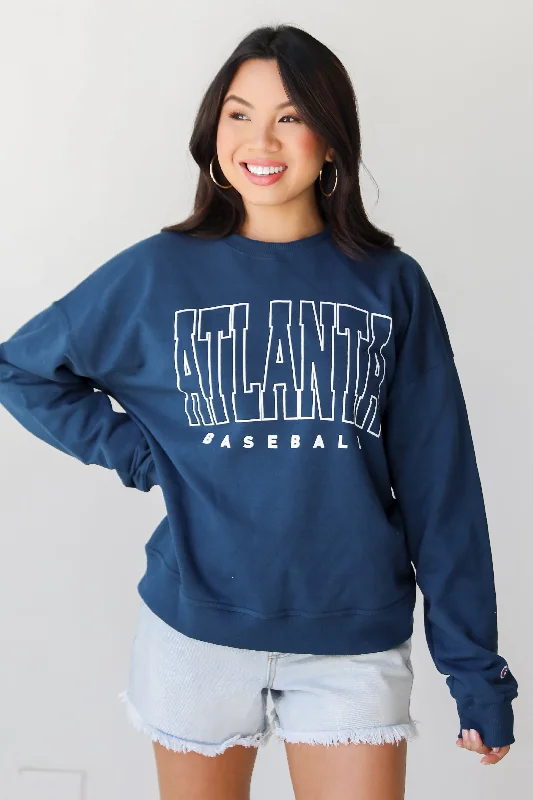 Navy Atlanta Baseball Block Letter Sweatshirt Hoodie with Mesh Breathable Sporty