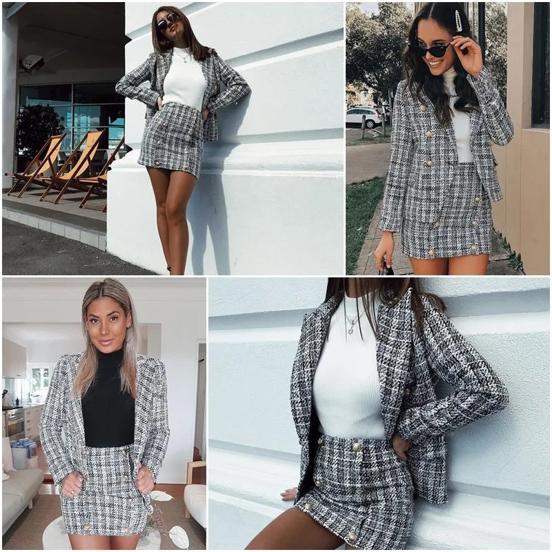 Plaid Blazer Double Breast Blazer & Skirt Summer Women's Jacket