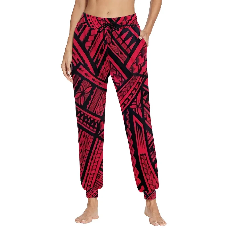 Womens Yoga Pants Trousers Sports Fitness Custom Red Polynesian Samoan Tribal Design Casual Tracksuit Girls Sweatpants Pockets Trousers Bridal Satin