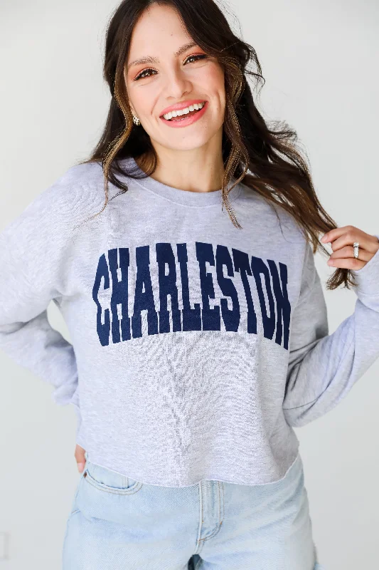 Heather Grey Charleston Cropped Sweatshirt Hoodie with Raw Hem Edgy Unfinished