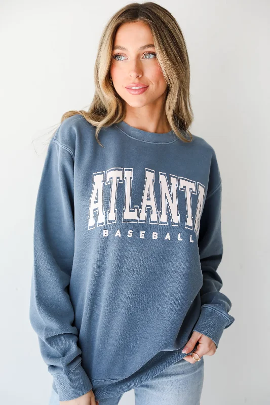 Denim Atlanta Baseball Block Letter Sweatshirt Hoodie with Pocket Utility Practical