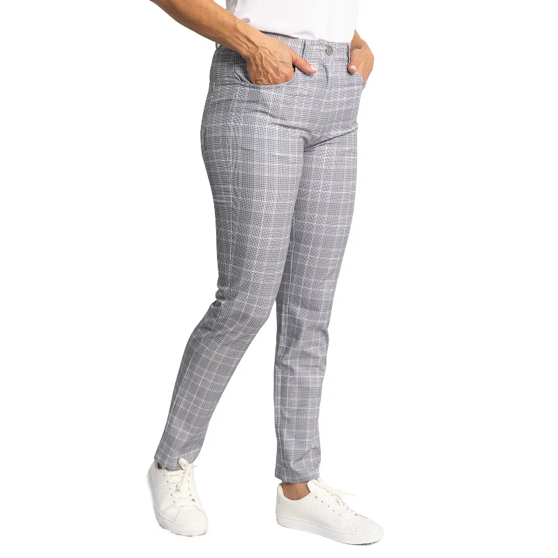 Glenmuir Women's Kaley Lightweight Stretch Performance Golf Trousers - Light Grey/ White Check Trousers Elastic Waist Soft