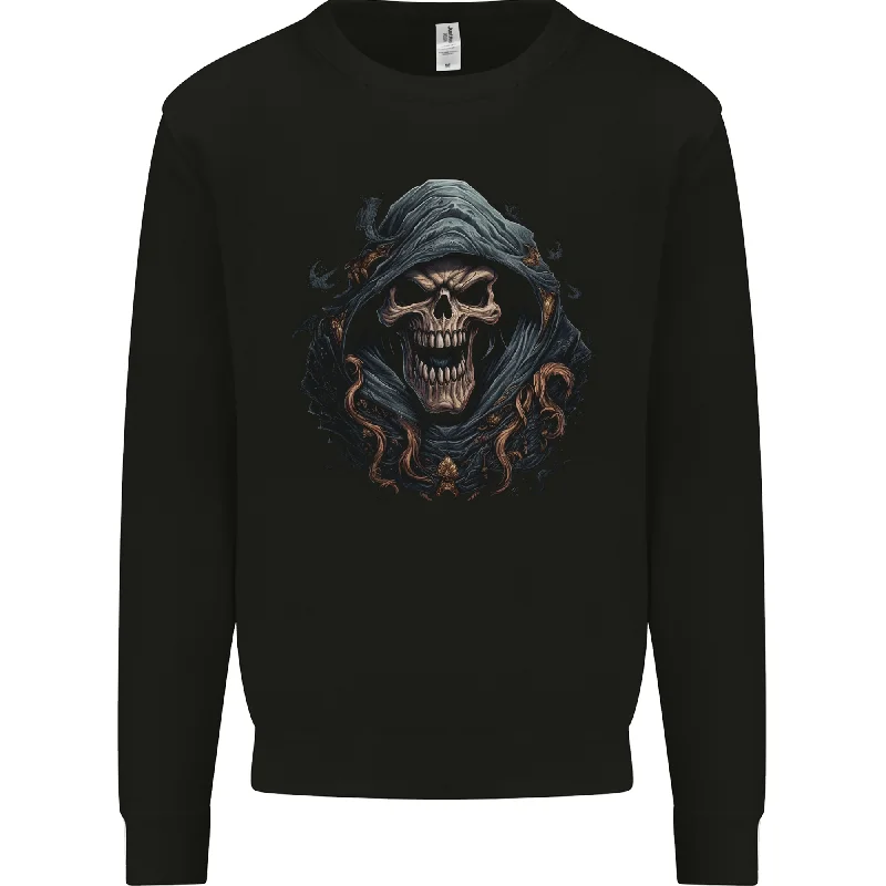 Crazy Grim Reaper Skull Demon Heavy Metal Mens Sweatshirt Jumper Hoodie with Exposed Zipper Edgy Industrial