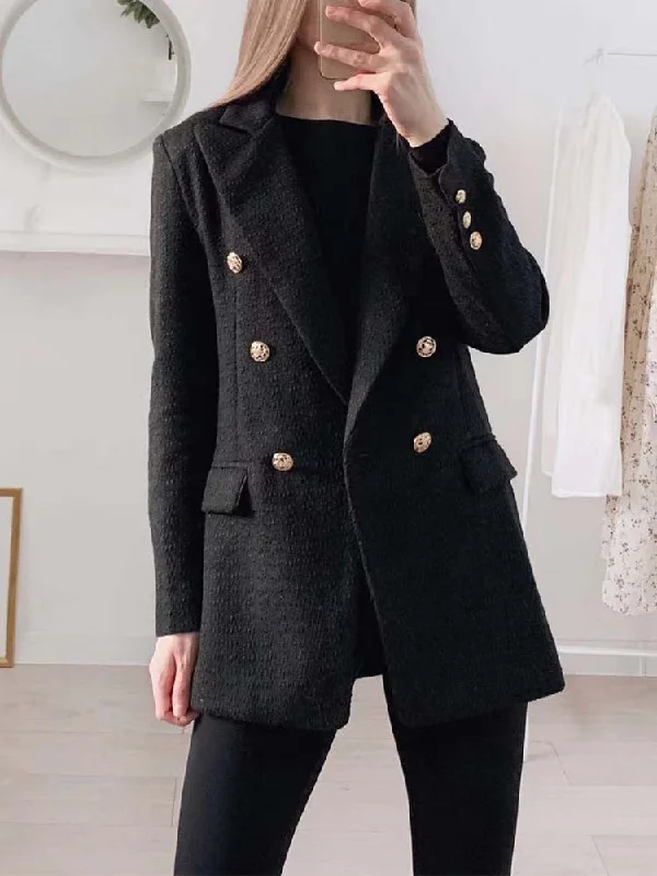 Wjczt Blazer Women 2022 Fashion Metal Double Breasted Woollen Blazers Coat Vintage Long Sleeve Female Outerwear Chic Tops Women's Casual Suit