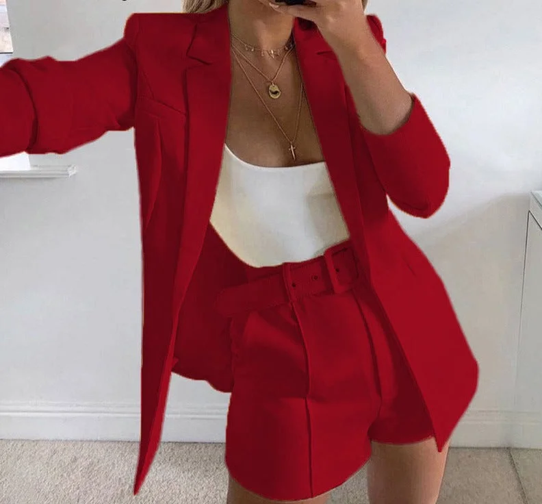 WjcztTwo Piece Blazer Suit Women Office Blazer Set Autumn Long Sleeve Blazer Shorts 2 Piece Set Womens Casual Blazers Set Women's Leather Blazer