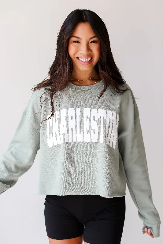 Sage Charleston Cropped Sweatshirt Hoodie with Frayed Bohemian Relaxed