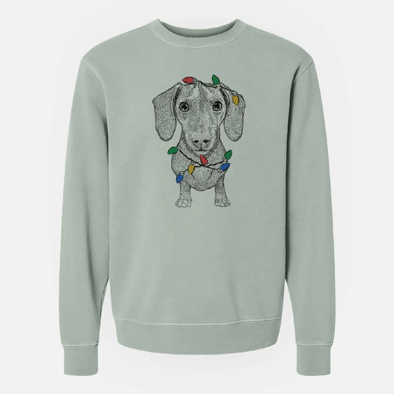 Christmas Lights Ernie the Mini Dachshund - Unisex Pigment Dyed Crew Sweatshirt Hoodie with Hem Patch Decorative Personalized