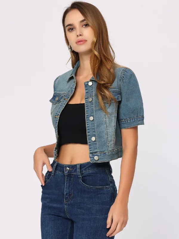 Casual Button-Down Puff Long Sleeve Crop Denim Jacket Mesh Jacket Canvas Jacket Denim Jacket