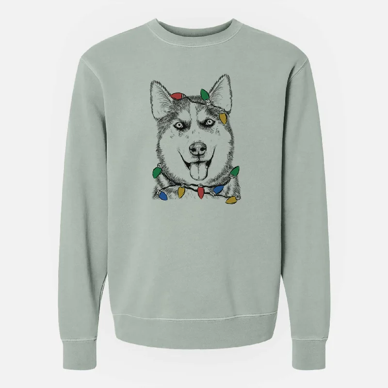 Christmas Lights Sesi the Siberian Husky - Unisex Pigment Dyed Crew Sweatshirt Hoodie with Sequins Glamorous Eye-catching