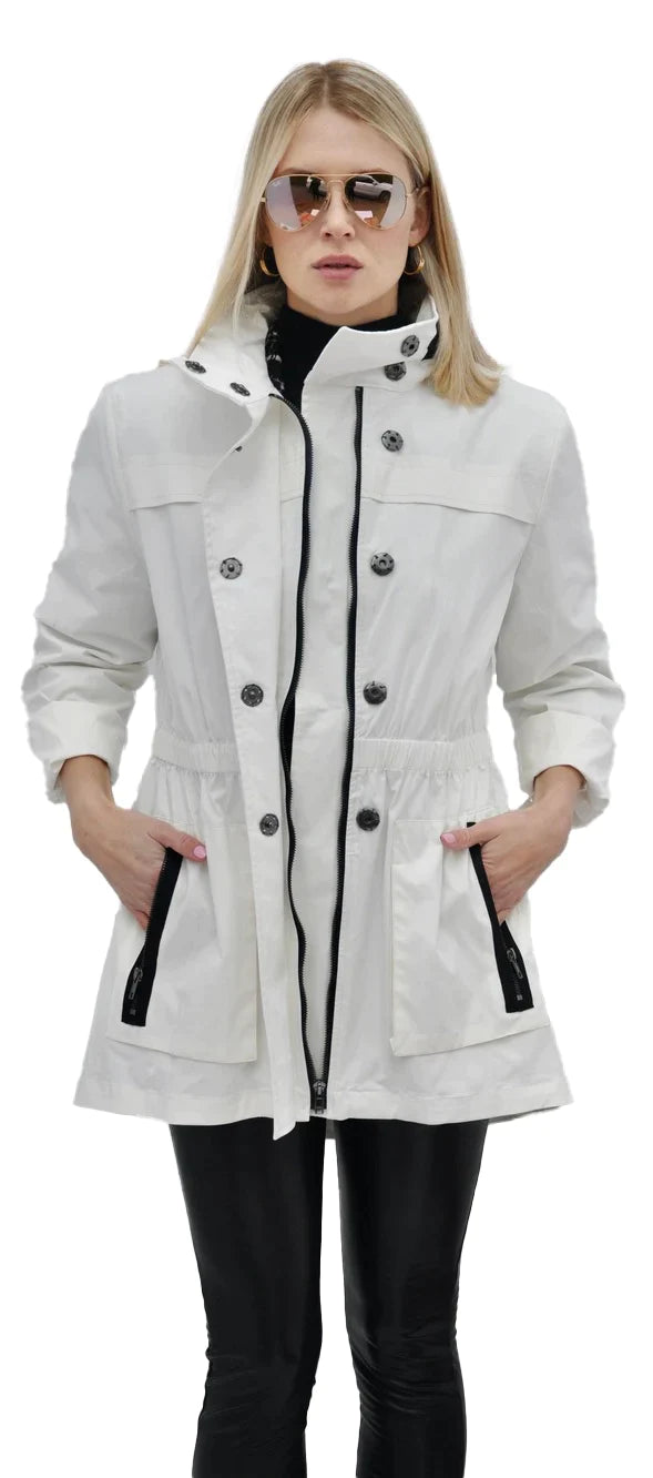 The Eliza Rain Jacket in White with Black Trim Fleece Jacket Down Jacket Parka