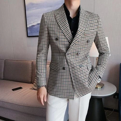 Men Blazer - Double-Breasted Houndstooth Blazer Spring Women's Coat