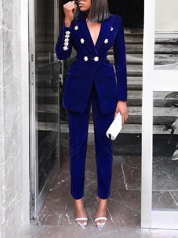 Wjczt Elegant Two-pieces Women Blazer Suit Casual Streetwear Suits Female Blazer Set Chic Office Ladies Women Coat Suit blue Women's Trendy Blazer