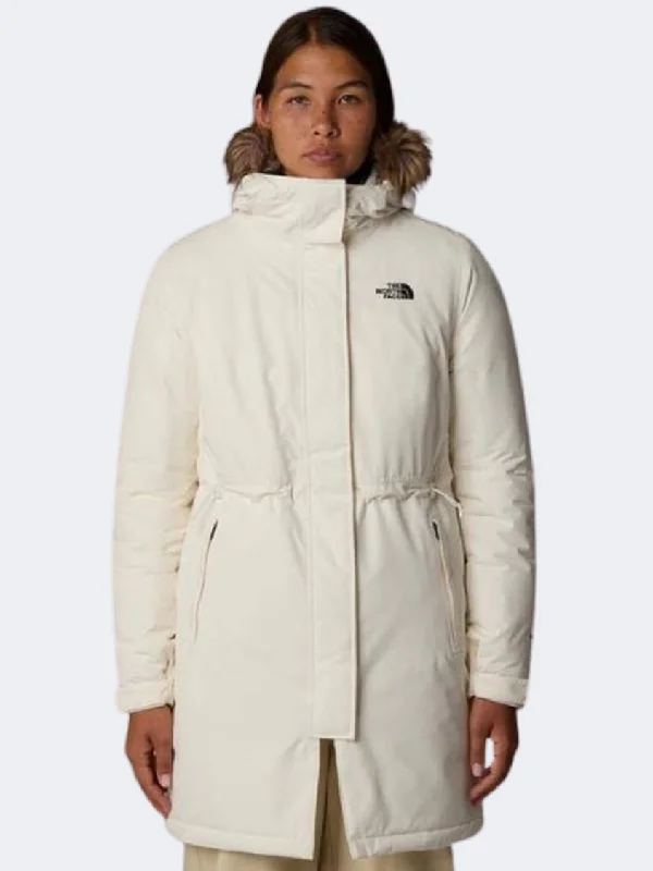 The North Face Zaneck Parka Women Lifestyle Jacket White Dune Zippered Front Buttoned Front Snap Front