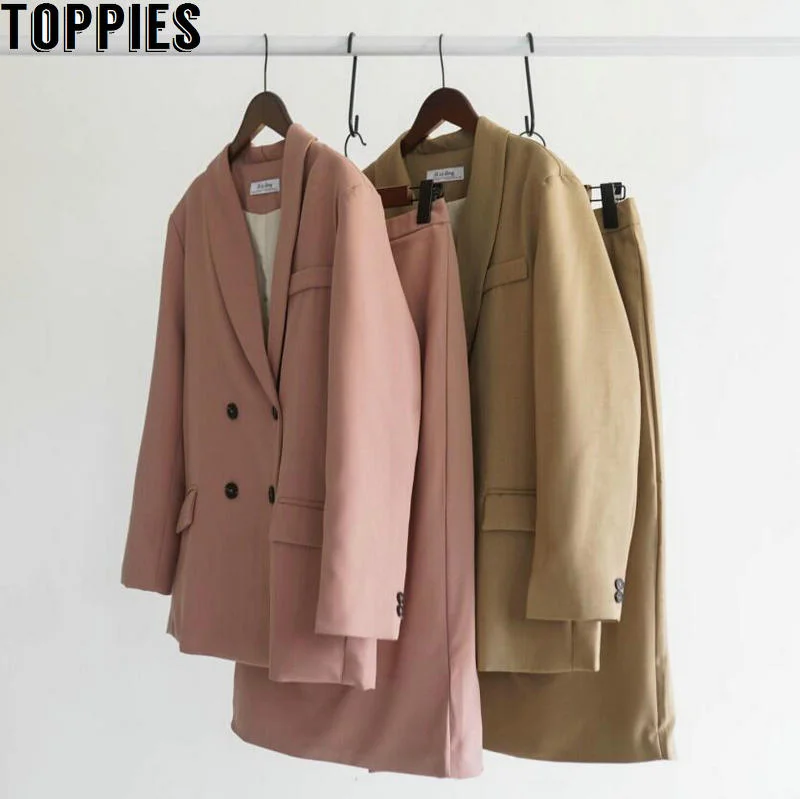 Toppies 2020 Spring Women Blazer Suits Doule Breasted Pink Blazer High Waist Skirt Office Lady Sets Women's Fashion Blazer