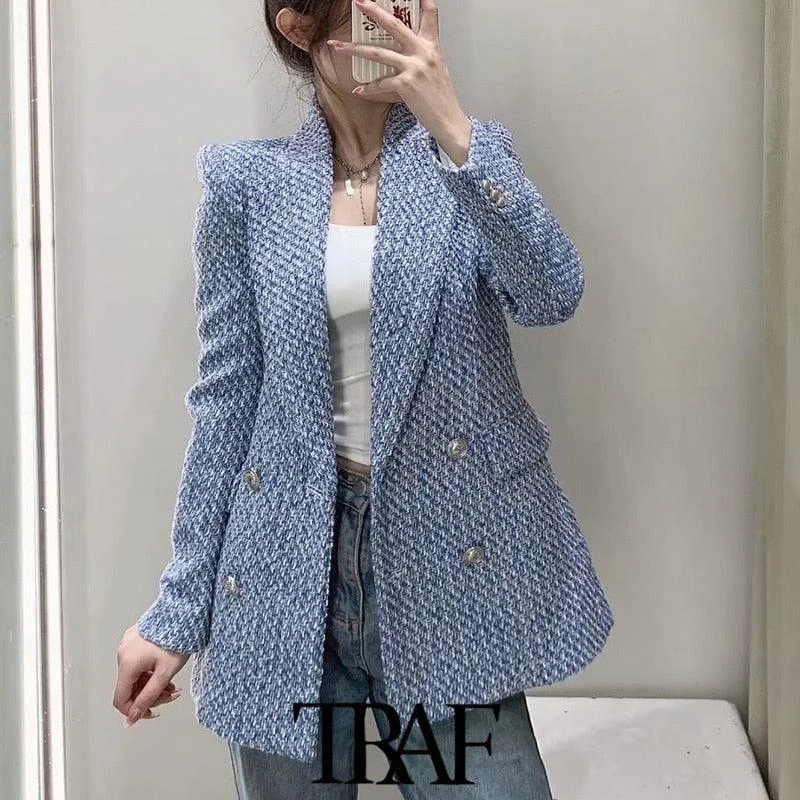 Women's Double-Breasted Tweed Blazer Cotton Blend Blazer