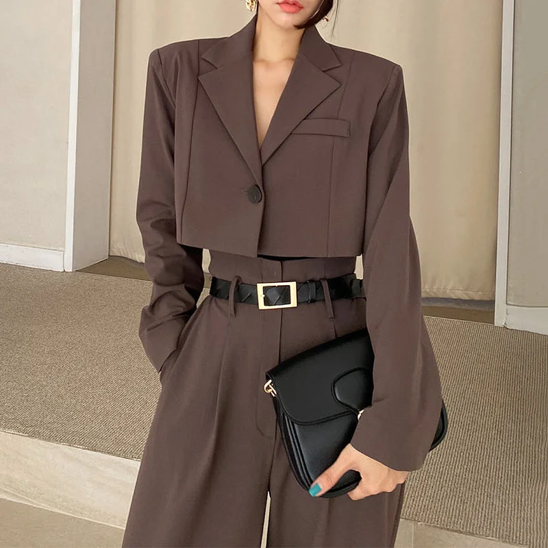 2pc Office Lady Blazer Suits Vintage Women Long Sleeve Short Blazer Plus Size Women's Coat