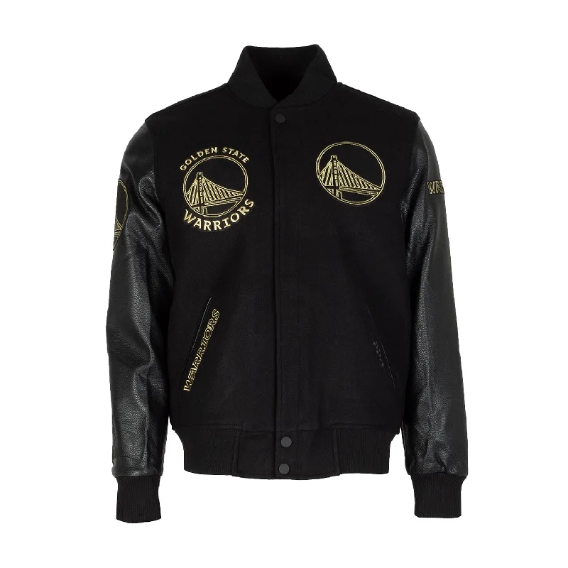 Warriors Black Gold Varsity Jacket - Mens Embroidered Jacket Appliqued Jacket Beaded Jacket