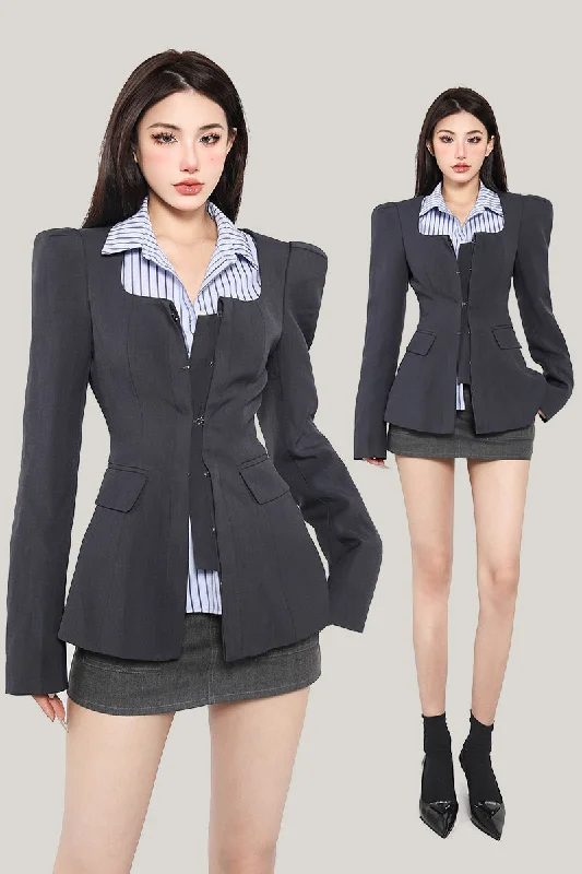 Silia Solid Color Korean Style Well Fitted Long Sleeve Blazer Multi-Pocket Slim Cargo Mini Skirt Matching Set Women's Party Jacket