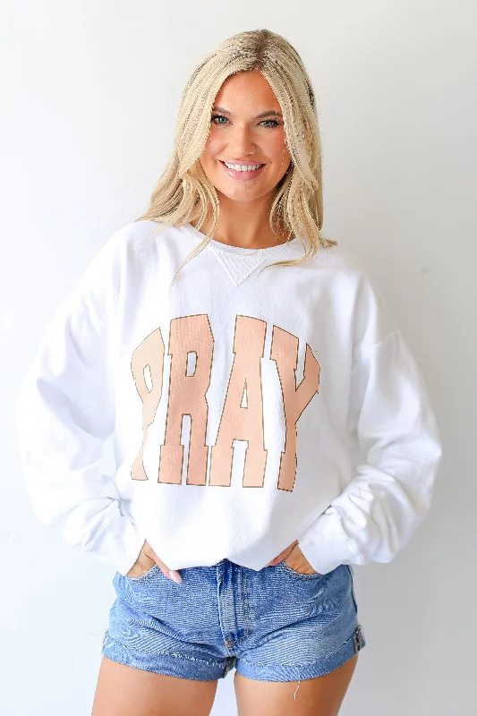 White Pray Sweatshirt Hoodie with Toggle Buttons Decorative Unique