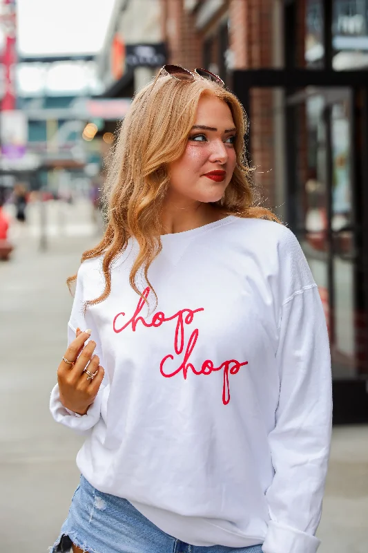 White Chop Chop Script Sweatshirt Hoodie with Hem Applique Textured Unique