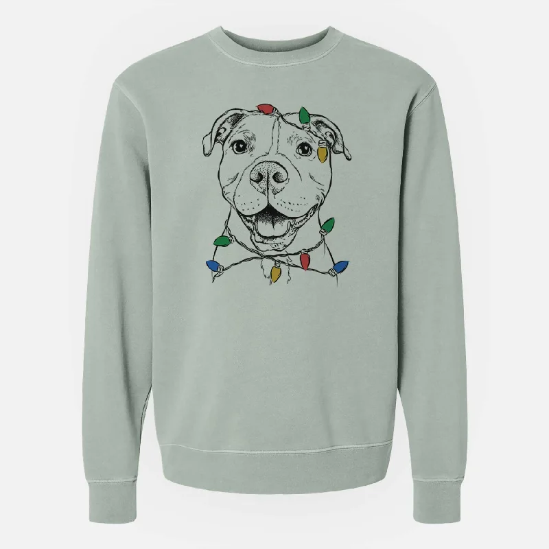 Christmas Lights Roscoe the Pitbull - Unisex Pigment Dyed Crew Sweatshirt Hoodie with Pocket Utility Practical