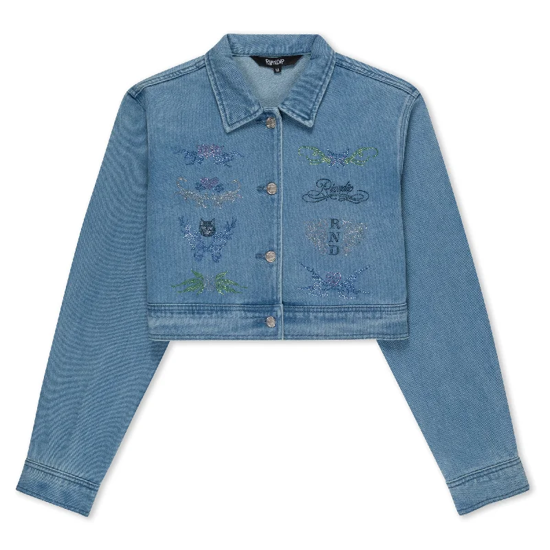 Hyaena Cropped Denim Jacket (Medium Wash) Striped Jacket Polka Dot Jacket Floral Jacket