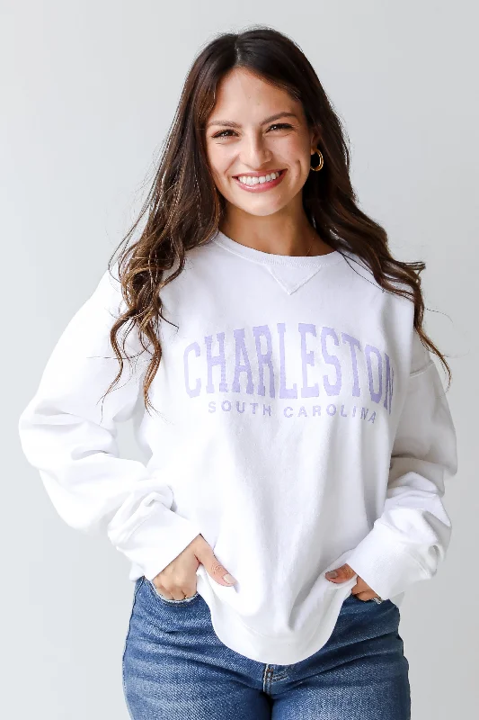 White Charleston South Carolina Sweatshirt Hoodie with Slit Hem Functional Movement