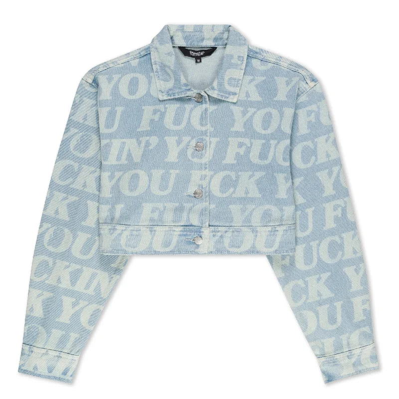 Fuckin Fuck Cropped Denim Jacket (Light Wash) Herringbone Jacket Checkered Jacket Solid Jacket