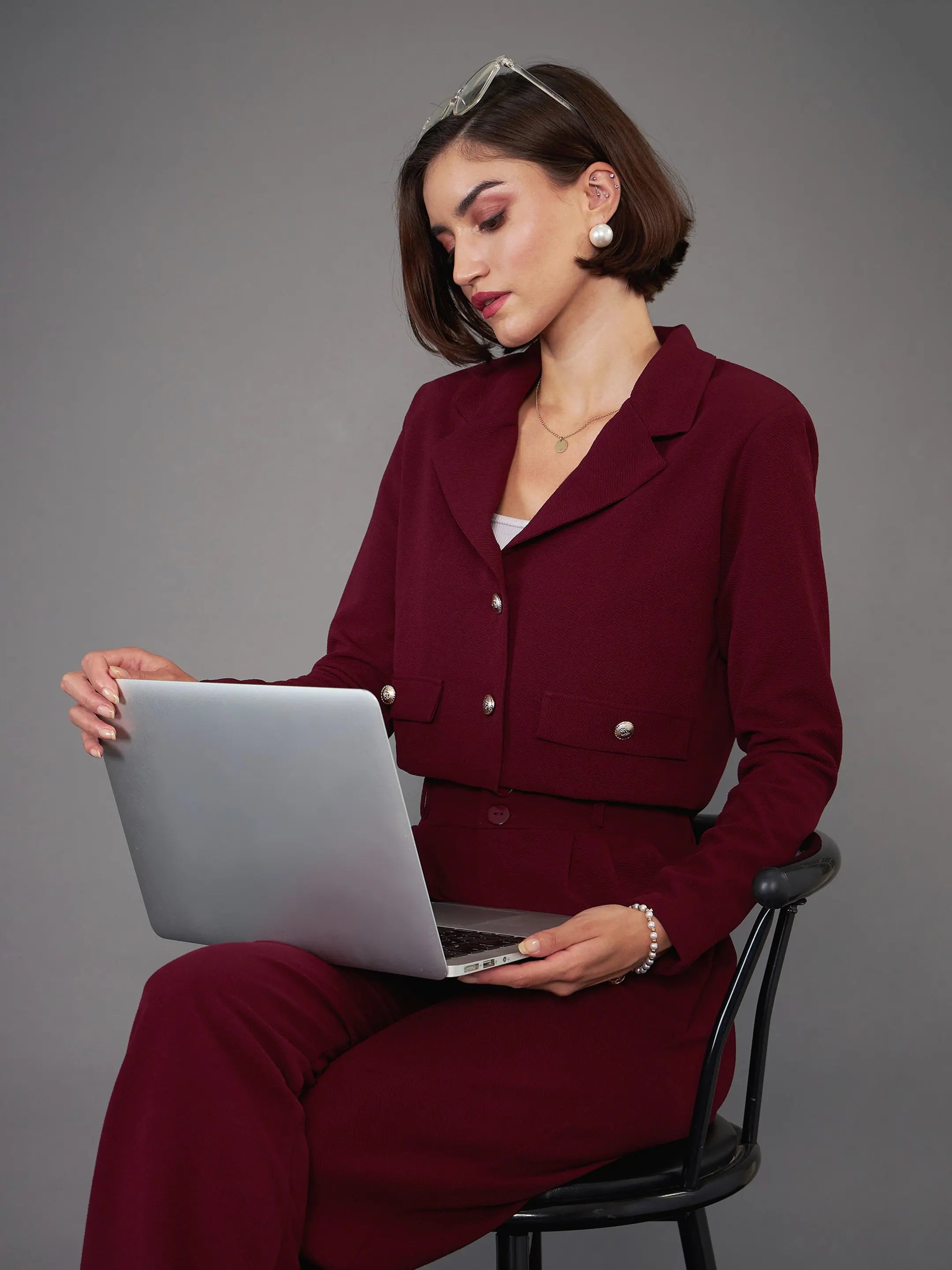 Women Burgundy Notch Collar Crop Blazer Women's Banquet Suit