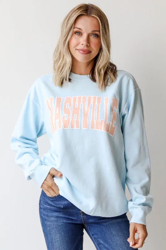 Light Blue Nashville Sweatshirt Hoodie with Hem Fringe Bohemian Relaxed