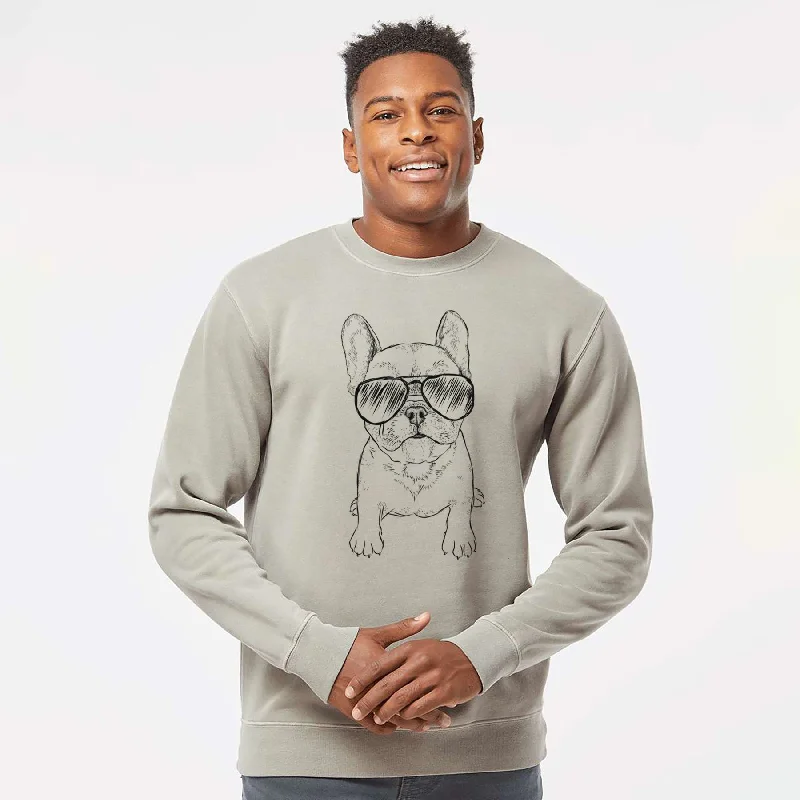 Aviator Puppy Pierre the French Bulldog - Unisex Pigment Dyed Crew Sweatshirt Hoodie with Set-In Sleeves Structured Classic