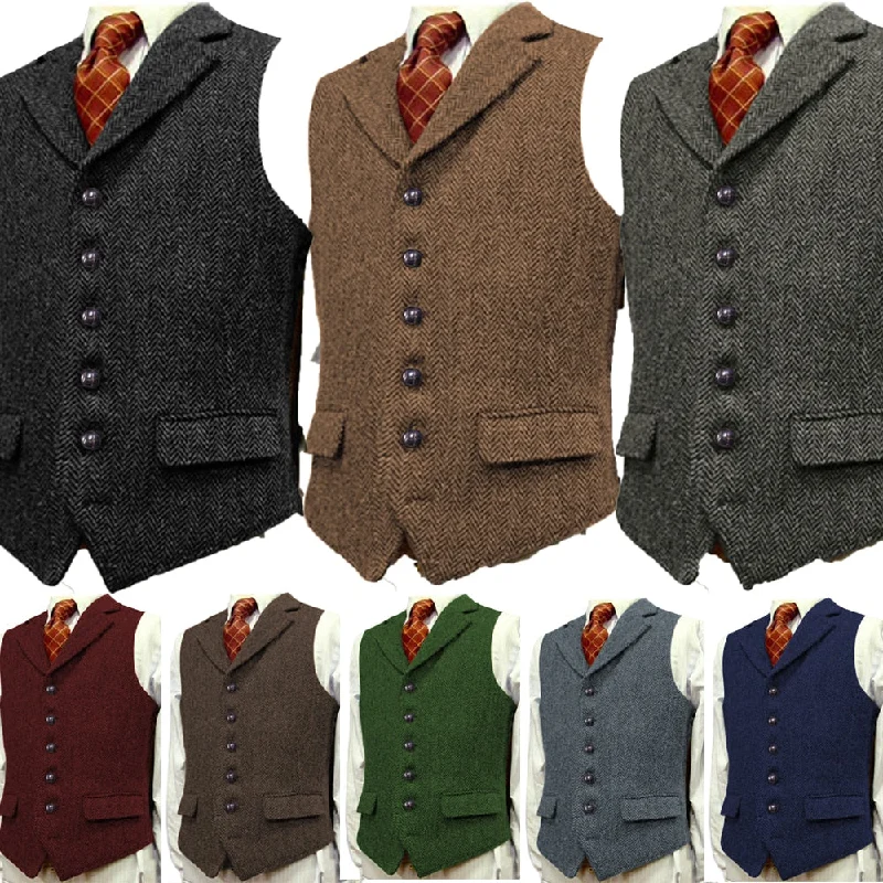 Men's Wool Tweed Slim Fit Leisure Cotton Burgundy Vest Gentleman Herringbone Business Brown Waistcoat Blazer For Wedding Groom Fashion Women's Blazer