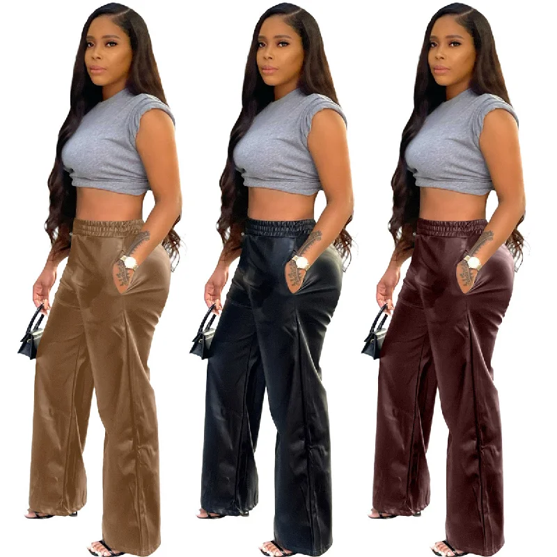 Z64370 Fashion Casual elastic PU leather High Waist Wide Leg pants Fall Women Trousers Trousers practical durable