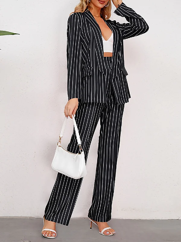 2 Pieces Shawl Collar Striped Long Sleeve Blazer & Straight Leg Pants Suit Sets Women's High-End Blazer