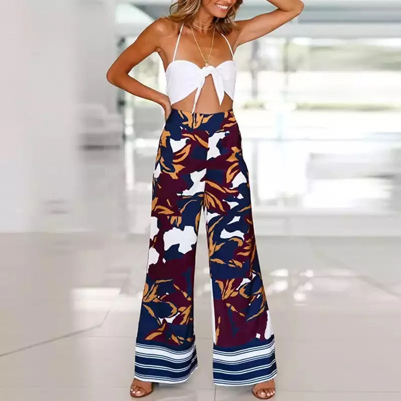 Women Pants Casual Long Trousers Floral Print Boho High Waist Loose Coastal Sea Beach for Ladies Wide Leg Pants Flat Front Trousers Wedding White