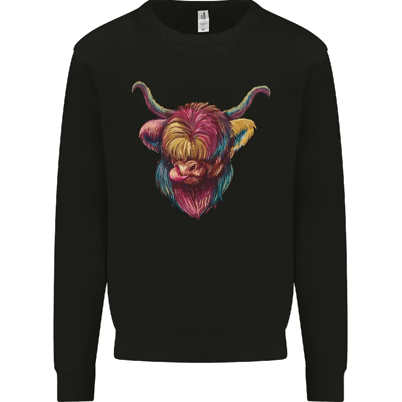 Colourful Highland Cow Mens Sweatshirt Jumper Hoodie with Rolled Sleeves Casual Relaxed