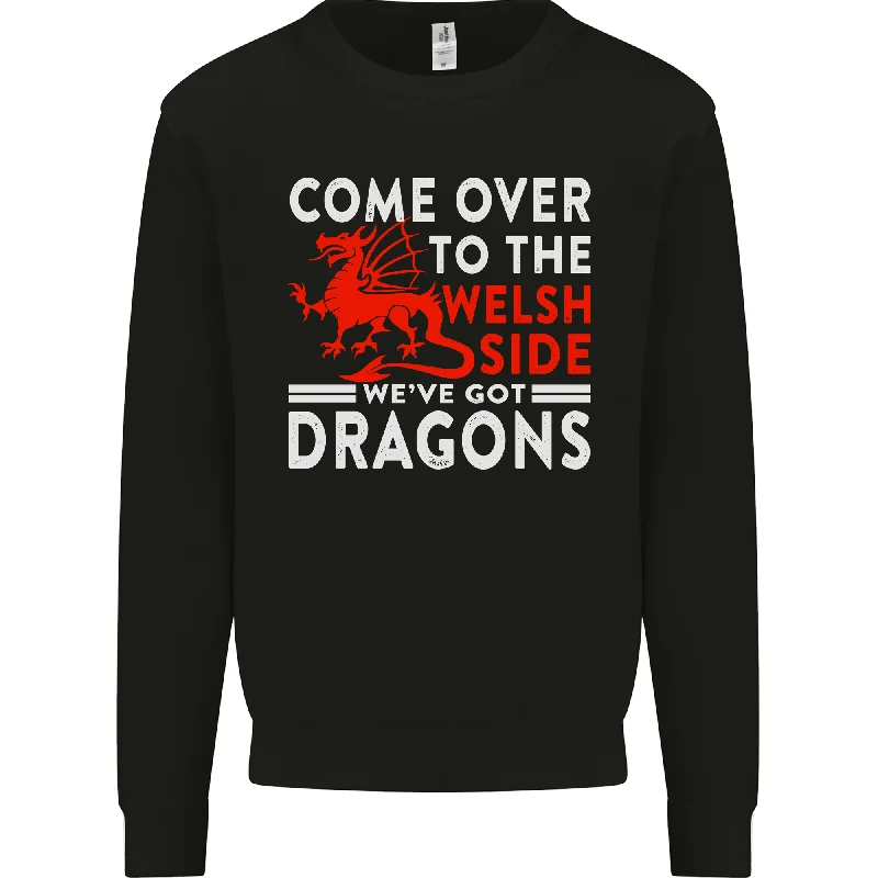 Come to the Welsh Side Dragons Wales Rugby Mens Sweatshirt Jumper Hoodie with Hem Embroidery Detailed Premium