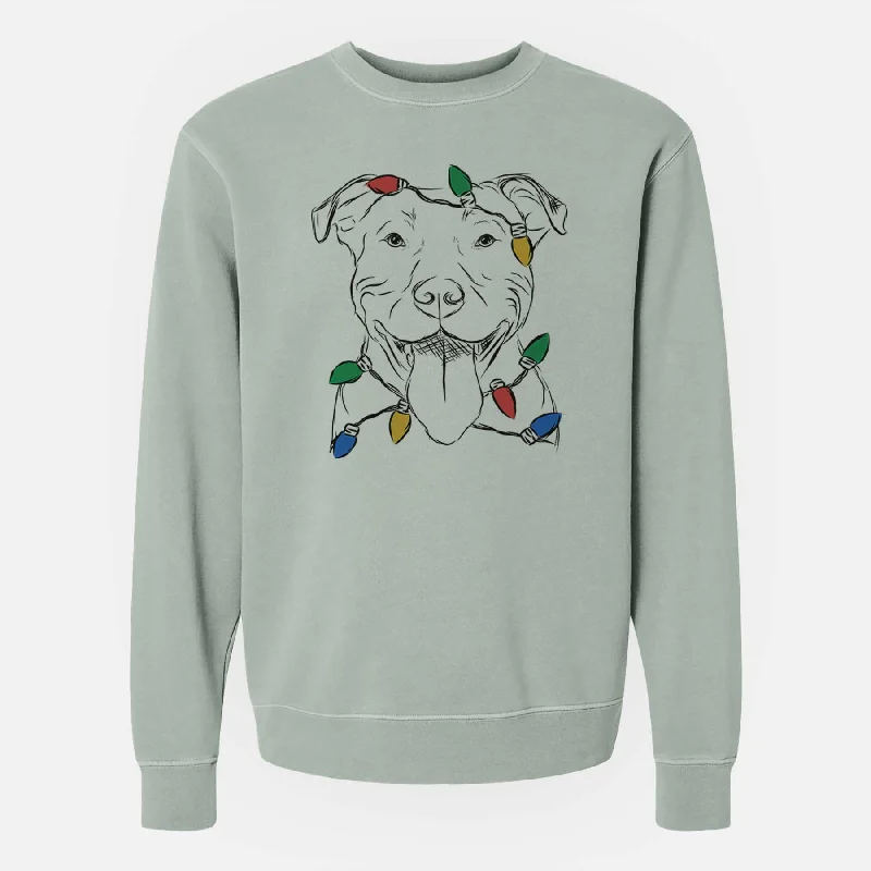 Christmas Lights Major the Pitbull - Unisex Pigment Dyed Crew Sweatshirt Hoodie with Monochrome Minimalist Simple