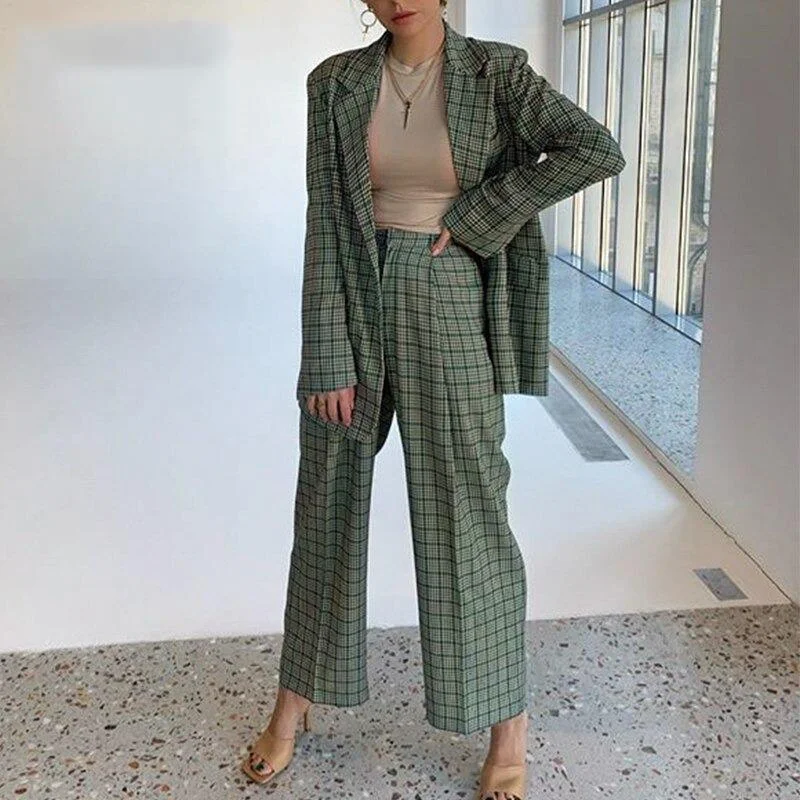 Elegant Plaid Two-pieces Women Blazer Suit Casual Female Blazer Set Women's Leather Blazer