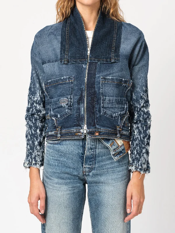 Washed Patchwork Denim Jacket Belted Jacket Elasticated Jacket Padded Jacket