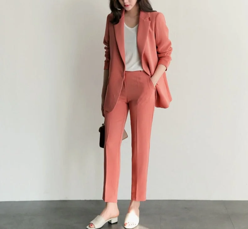 Wjczt Women's Spring Autumn Blazer 2 Pieces Set 2022 Korean Office Lady Graceful Solid Suit Coats+High Waist Ankle-Length Pants Outfit Women's Radiation Jacket