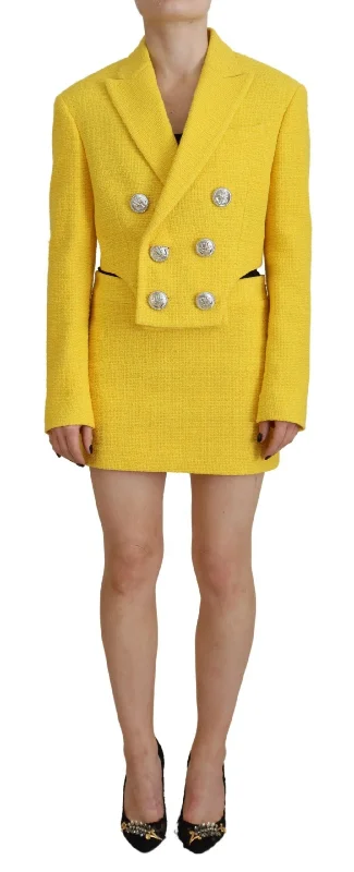 Yellow Double Breasted Mini Suit Blazer Skirt Set Women's Vintage Suit