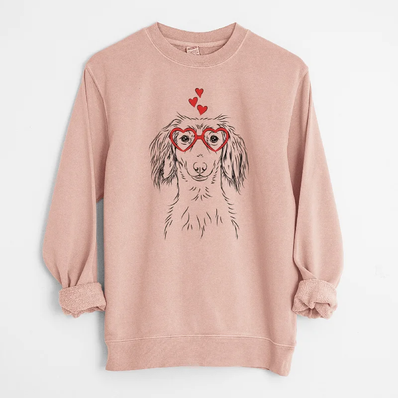 Valentine Roux the Long Haired Dachshund - Unisex Pigment Dyed Crew Sweatshirt Hoodie with Back Slit Movement Comfort